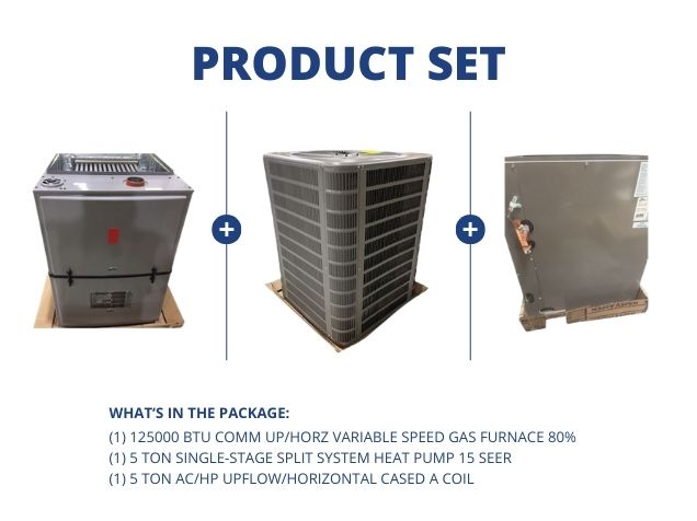 125000 BTU Comm Up/Horz Var Spd Gas Furnace 80%, 5 Ton SS Heat Pump 15 SEER and 5 Ton Up/Horz A Coil