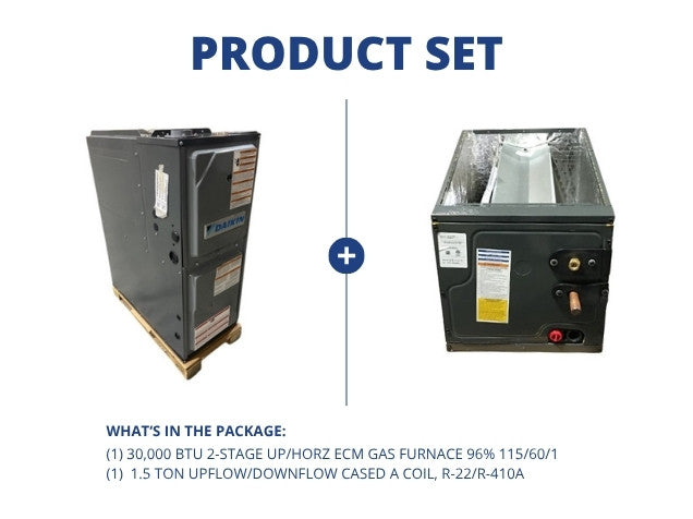30,000 BTU 2-Stg Up/Horz ECM Gas Furnace 96% 115/60/1 with 1.5 Ton Up/Down Cased A Coil, R-22/R-410A