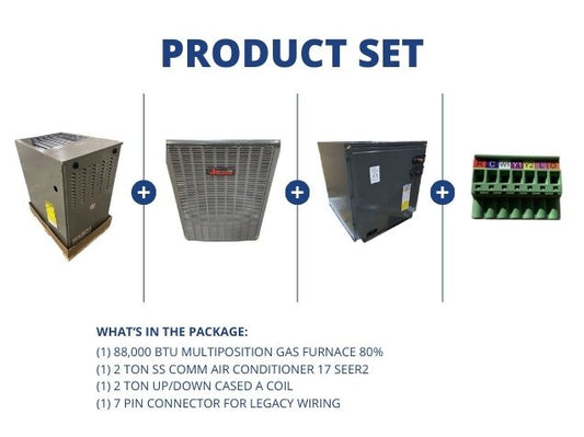 88,000 BTU Multiposition Gas Furnace 80%, 2 Ton SS Comm AC 17 SEER2 with 2 Ton Up/Down Cased A Coil