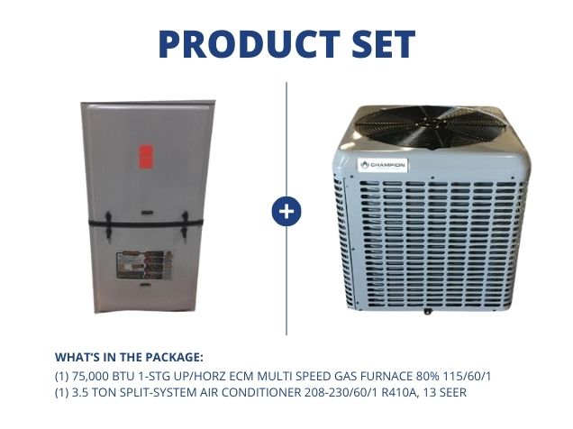 75,000 BTU 1-Stg Up/Horz Multi Speed Gas Furnace 80% with 3.5 Ton SS AC  208-230/60/1 R410A, 13 SEER