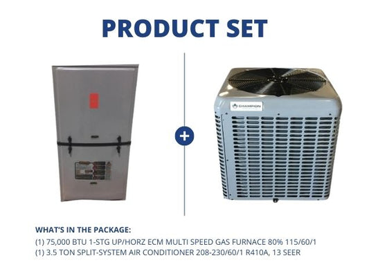 75,000 BTU 1-Stg Up/Horz Multi Speed Gas Furnace 80% with 3.5 Ton SS AC  208-230/60/1 R410A, 13 SEER