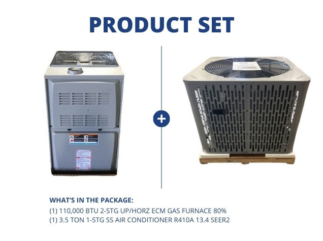 110,000 BTU 2-Stg Up/Horz ECM Gas Furnace 80% with 3.5 Ton 1-Stg SS Air Conditioner R410A 13.4 SEER2