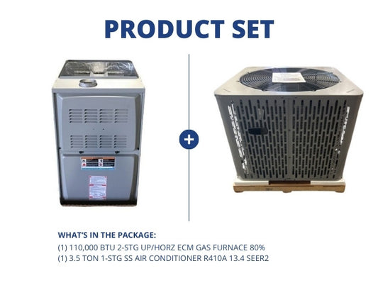 110,000 BTU 2-Stg Up/Horz ECM Gas Furnace 80% with 3.5 Ton 1-Stg SS Air Conditioner R410A 13.4 SEER2
