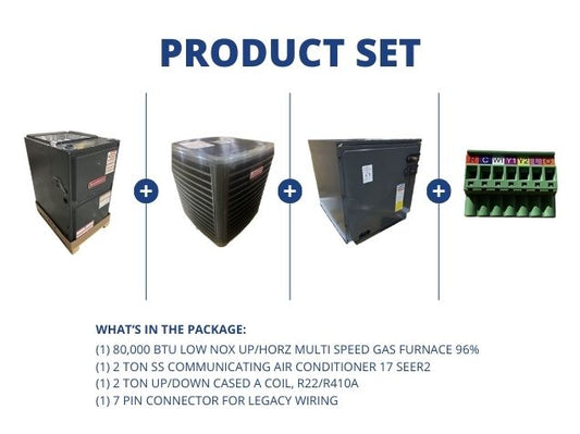80,000 BTU Low NOx Up/Horz ECM Gas Furnace 96%, 2 Ton SS Comm AC 17 SEER2, 2 Ton Up/Down Cased Coil