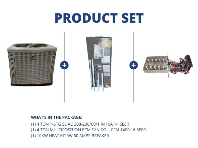 4 Ton 1-Stg SS AC R-410A 14 SEER, 4 Ton Multiposition ECM Fan Coil and 10 kW Heat w/60 Amps Breaker