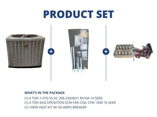 4 Ton 1-Stg SS AC R-410A 14 SEER, 4 Ton Multiposition ECM Fan Coil and 10 kW Heat w/60 Amps Breaker
