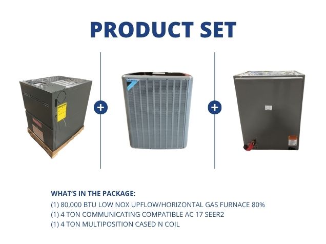 80,000 BTU Low Nox Up/Horz Gas Furnace 80%, 4 Ton Comm Comp AC 17 SEER2 and 4 Ton Multi Cased N Coil