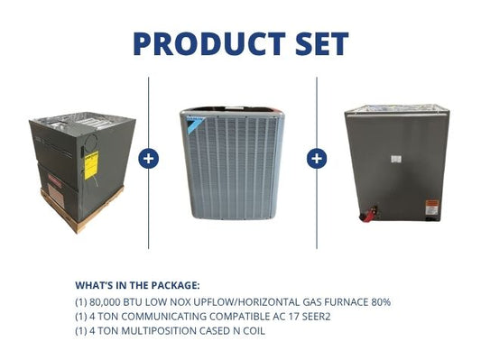 80,000 BTU Low Nox Up/Horz Gas Furnace 80%, 4 Ton Comm Comp AC 17 SEER2 and 4 Ton Multi Cased N Coil