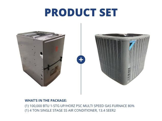 100,000 BTU 1-Stg Up/Horz Multi Speed Gas Furnace 80% and 4 Ton 1-Stg SS Air Conditioner, 13.4 SEER2