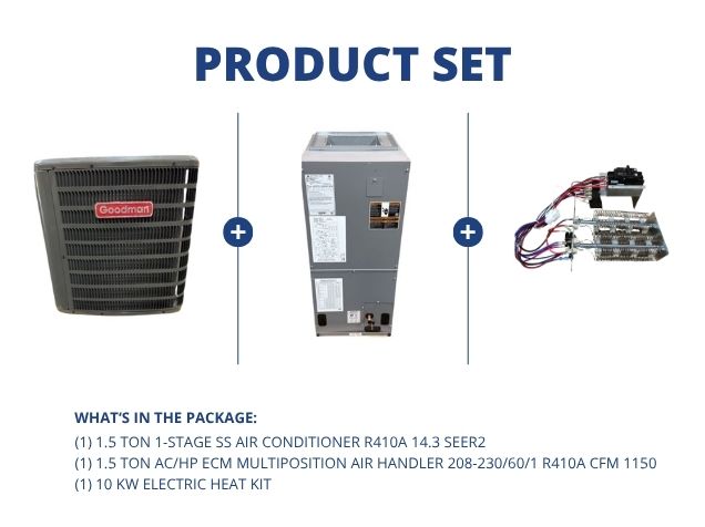 1.5 Ton 1-Stg SS Air Conditioner R410A 14.3 SEER2, 1.5 Ton AC/HP ECM Multi Air Handler and 10Kw Heat