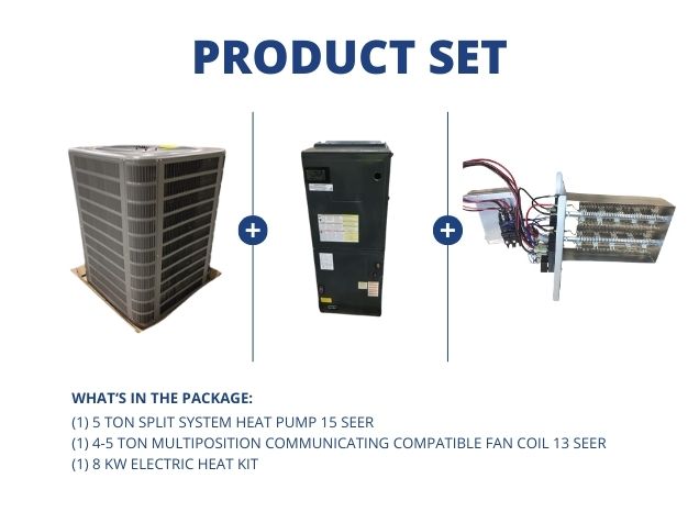 5 Ton SS Heat Pump 15 SEER, 4-5 Ton Multiposition Comm Compatible Fan Coil 13 SEER and 8 kW Heat Kit