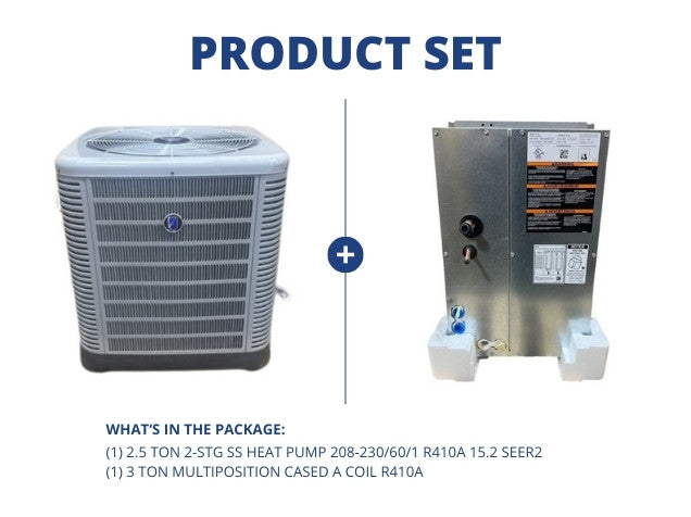 2.5 Ton 2-Stg SS Heat Pump 208-230/60/1 R410A 15.2 SEER2 with 3 Ton Multiposition Cased A Coil R410A