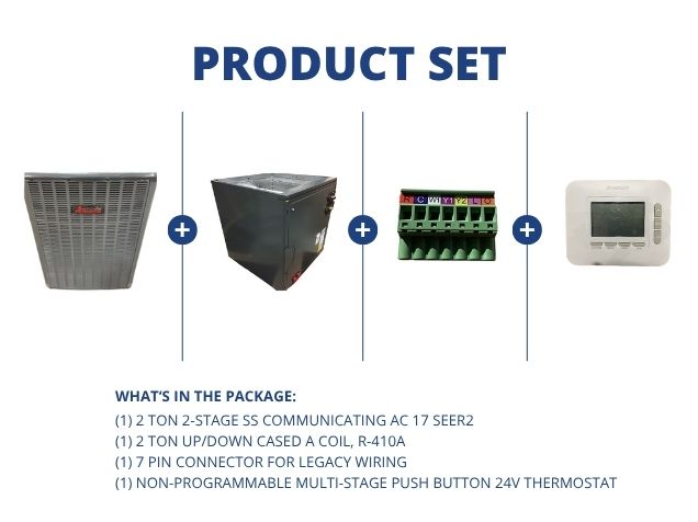 2 Ton 2-Stage SS Comm AC 17 SEER2, 2 Ton Up/Down Cased A Coil, 7 Pin Connector with 24V Thermostat