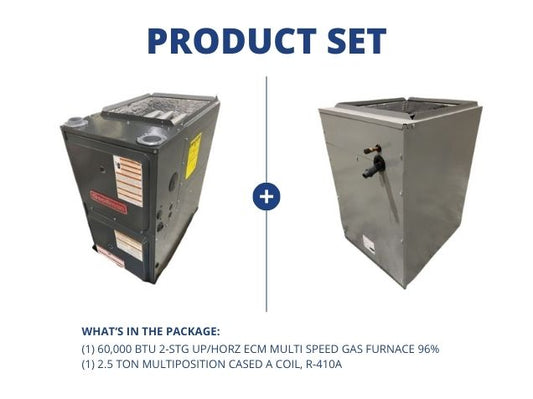 60,000 BTU 2-Stg Up/Horz Multi Speed Gas Furnace 96% with 2.5 Ton Multiposition Cased A Coil, R-410A