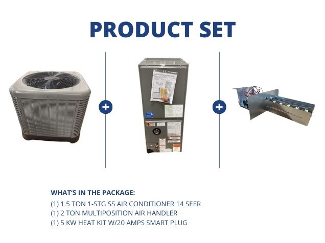 1.5 Ton 1-Stg SS AC 14.3 SEER2, 2 Ton ECM Multiposition Air Handler with 5Kw Heat, 20A Smart Plug