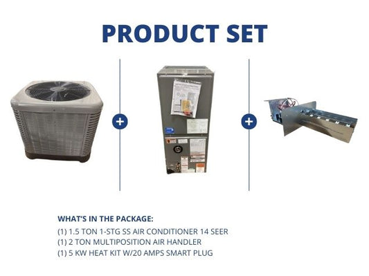 1.5 Ton 1-Stg SS AC 14.3 SEER2, 2 Ton ECM Multiposition Air Handler with 5Kw Heat, 20A Smart Plug