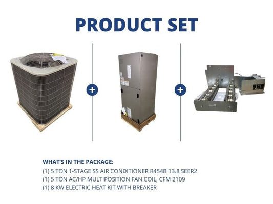 5 Ton 1-Stage SS AC R454B 13.8 SEER2, 5 Ton ECM Multiposition Fan Coil and 8 kW Heat Kit w/ Breaker