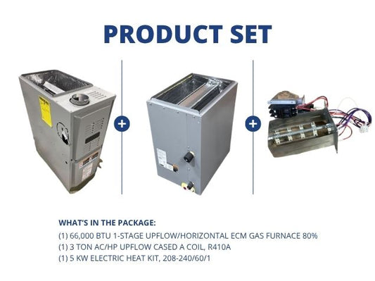 66,000 BTU 1-Stg Up/Horz ECM Gas Furnace 80%, 3 Ton AC/HP Upflow Cased A Coil, R410A and 5 KW Heat