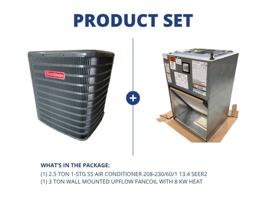 2.5 Ton 1-Stg SS Air Conditioner 13.4 SEER2 and 3 Ton Wall Mounted Upflow Fancoil With 8 Kw Heat