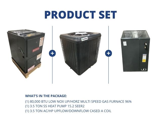 80,000 BTU Low NOx Up/Horz Gas Furnace 96%, 3.5 Ton SS Heat Pump 15.2 SEER2, 3.5 Ton Up/Down A Coil