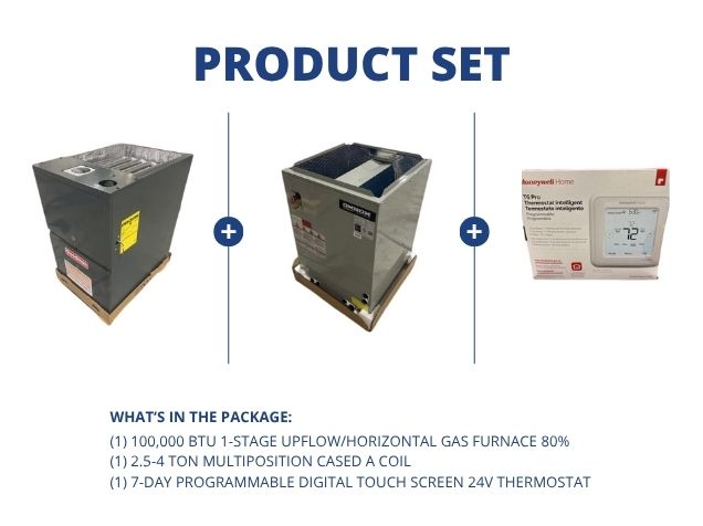 100,000 BTU 1-Stg Up/Horz Gas Furnace 80%, 2.5-4 Ton Multiposition Cased A Coil with 24V Thermostat