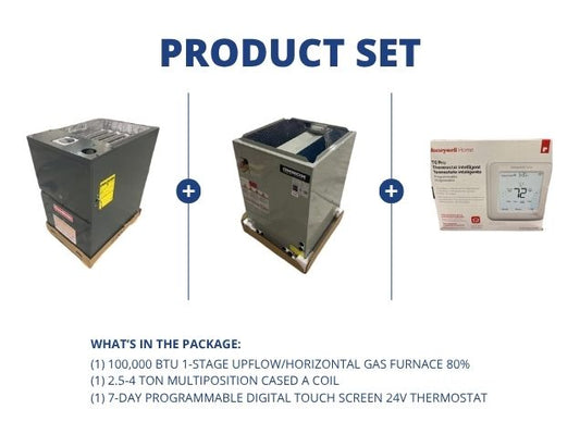 100,000 BTU 1-Stg Up/Horz Gas Furnace 80%, 2.5-4 Ton Multiposition Cased A Coil with 24V Thermostat