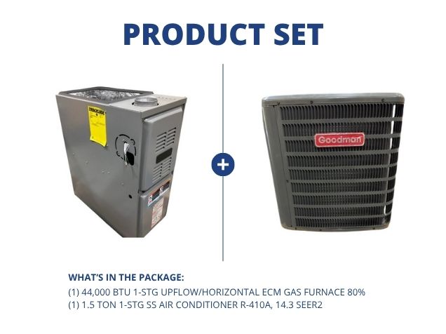 44,000 BTU 1-Stg Up/Horz ECM Gas Furnace 80% and 1.5 Ton 1-Stg SS Air Conditioner R-410A, 14.3 SEER2