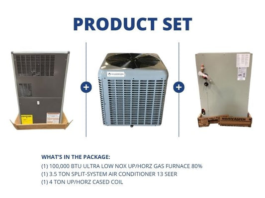 100,000 BTU Ultra Low NOx Up/Horz Gas Furnace 80%, 3.5 Ton SS AC 13 SEER, 4 Ton Up/Horz Cased Coil