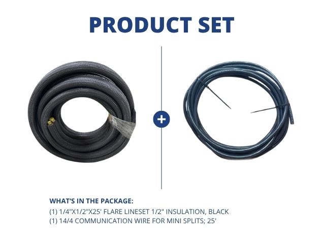 1/4"x1/2"x25' Flare Lineset 1/2" Insulation, Black with 14/4 Communication Wire for Mini Splits; 25'