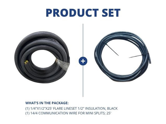 1/4"x1/2"x25' Flare Lineset 1/2" Insulation, Black with 14/4 Communication Wire for Mini Splits; 25'