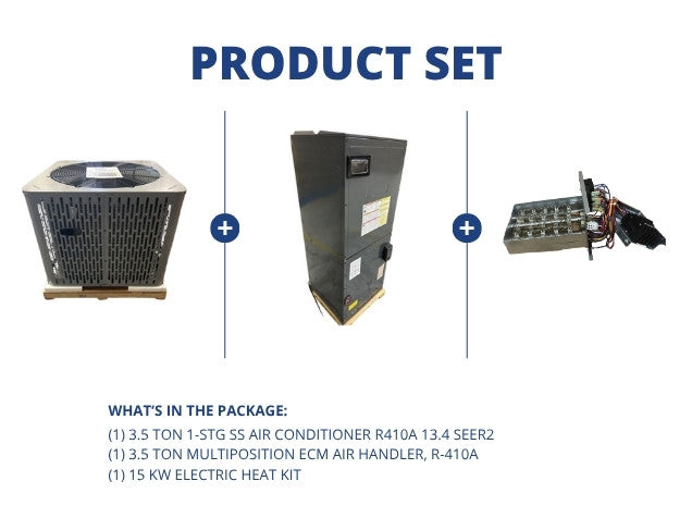 3.5 Ton 1-Stg SS AC R410A 13.4 SEER2 with 3.5 Ton Multi ECM Air Handler with 15 kW Electric Heat Kit
