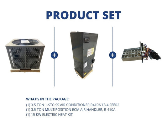 3.5 Ton 1-Stg SS AC R410A 13.4 SEER2 with 3.5 Ton Multi ECM Air Handler with 15 kW Electric Heat Kit
