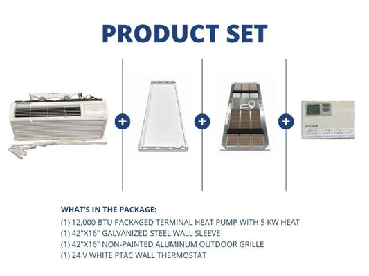 12,000 BTU Packaged Terminal HP with 5 KW Heat, 42"x16" Wall Sleeve, Aluminum Grille, 24V Thermostat