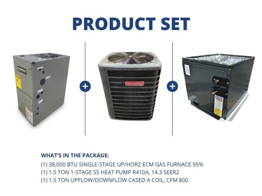 38,000 BTU Up/Horz Gas Furnace 95%, 1.5 Ton Heat Pump 14.3 SEER2, 1.5 Ton Up/Down Cased A Coil R410A