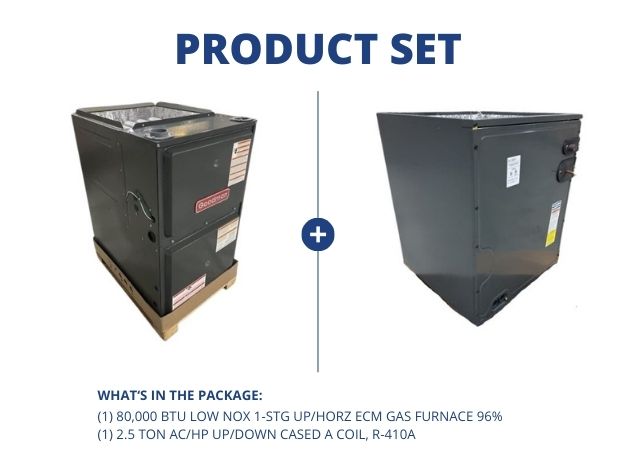 80,000 BTU Low NOx 1-Stg Up/Horz ECM Gas Furnace 96% with 2.5 Ton AC/HP Up/Down Cased A Coil, R-410A