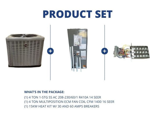 4 Ton 1-Stg SS AC R-410A 14 SEER, 4 Ton Multiposition ECM Fan Coil, 15kW Heat w/ 30 and 60A Breakers