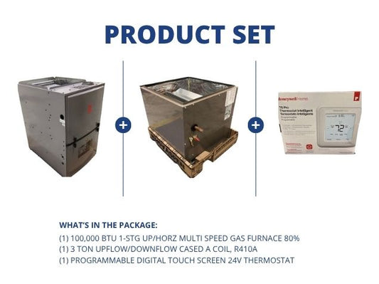 100,000 BTU 1-Stg Up/Horz Multi Speed Gas Furnace 80%, 3 Ton Up/Down Cased A Coil and 24V Thermostat