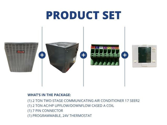 2 Ton 2-Stg Comm AC 17 SEER2, 2 Ton AC/HP Up/Down Cased A Coil, 7 Pin Connector with 24V Thermostat