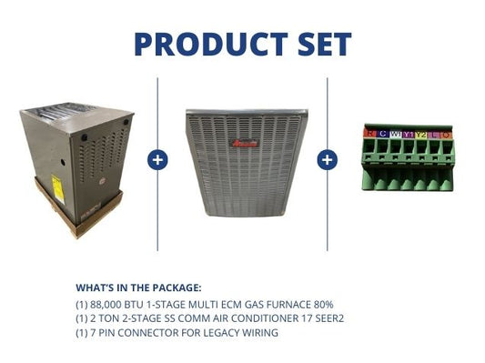 88,000 BTU 1-Stage Multi ECM Gas Furnace 80%, 2 Ton 2-Stage SS Comm AC 17 SEER2 with 7 Pin Connector