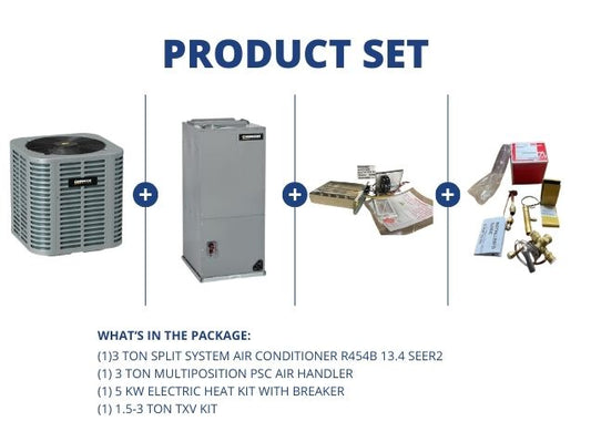 3 Ton SS AC R454B 13.4 SEER2, 3 Ton Multi Air Handler, 5KW Heat Kit with Breaker, 1.5-3 Ton TXV Kit