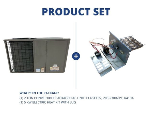 2 Ton Convertible Packaged AC Unit 13.4 SEER2, 208-230/60/1, R410A with 5 KW Electric Heat Kit W/Lug