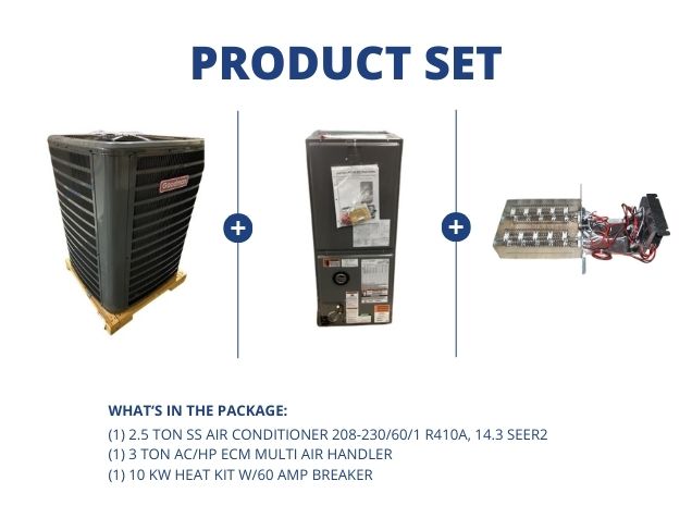 2.5 Ton SS AC R410A 14.3 SEER2, 3 Ton AC/HP ECM Multi Air Handler and 10 kW Heat Kit w/60A Breaker