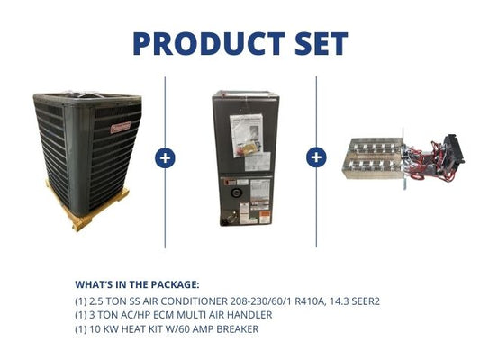 2.5 Ton SS AC R410A 14.3 SEER2, 3 Ton AC/HP ECM Multi Air Handler and 10 kW Heat Kit w/60A Breaker