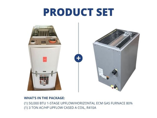 50,000 BTU 1-Stg Up/Horz ECM Gas Furnace 80% 115/60/1 with 3 Ton AC/HP Upflow Cased A Coil, R410A