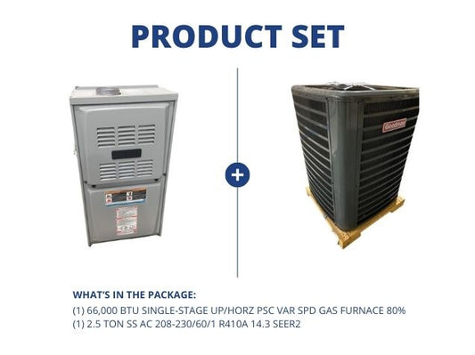 66,000 BTU 1-Stg Up/Horz PSC Var Spd Gas Furnace 80% and 2.5 Ton SS AC 208-230/60/1 R410A 14.3 SEER2