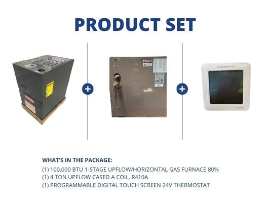 100,000 BTU 1-Stg Up/Horz ECM Gas Furnace 80%, 4 Ton Upflow Cased A Coil, R410A and 24V Thermostat