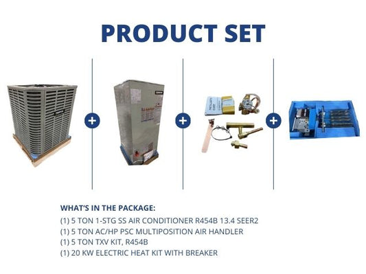 5 Ton 1-Stg SS AC R454B 13.4 SEER2, 5 Ton PSC Multi Air Handler, 5 Ton TXV Kit with 20KW Heat Kit