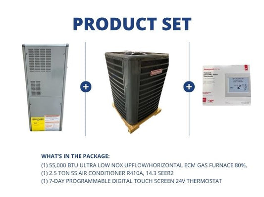 55,000 BTU Ultra Low NOx Up/Horz ECM Gas Furnace 80%, 2.5 Ton SS AC R410A, 14.3 SEER2 and Thermostat