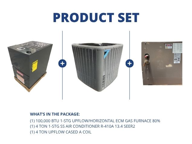 100,000 BTU Up/Horz Gas Furnace 80% with 4 Ton SS AC R410A 13.4 SEER2 and 4 Ton Upflow Cased A Coil