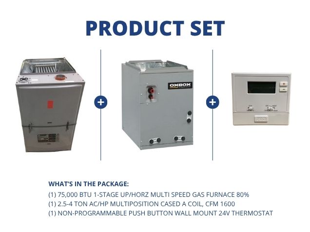 75,000 BTU 1-Stg Up/Horz Gas Furnace 80%, 2.5-4 Ton AC/HP Multiposition Cased A Coil, 24V Thermostat